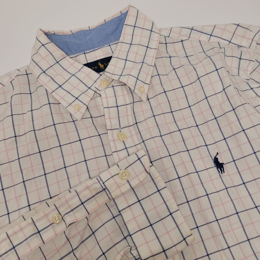 Ralph Lauren Button Down Mens Size M White Pink Navy Tattersall Excellent Cotton